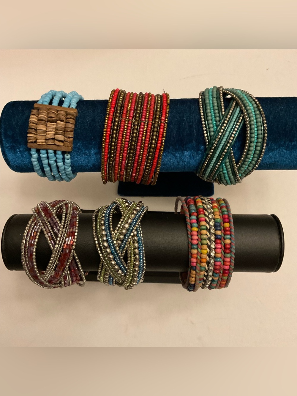 Lot of 6 Large Multicolor Beaded Wire Open Cuff Bracelets Plus Size Wrist